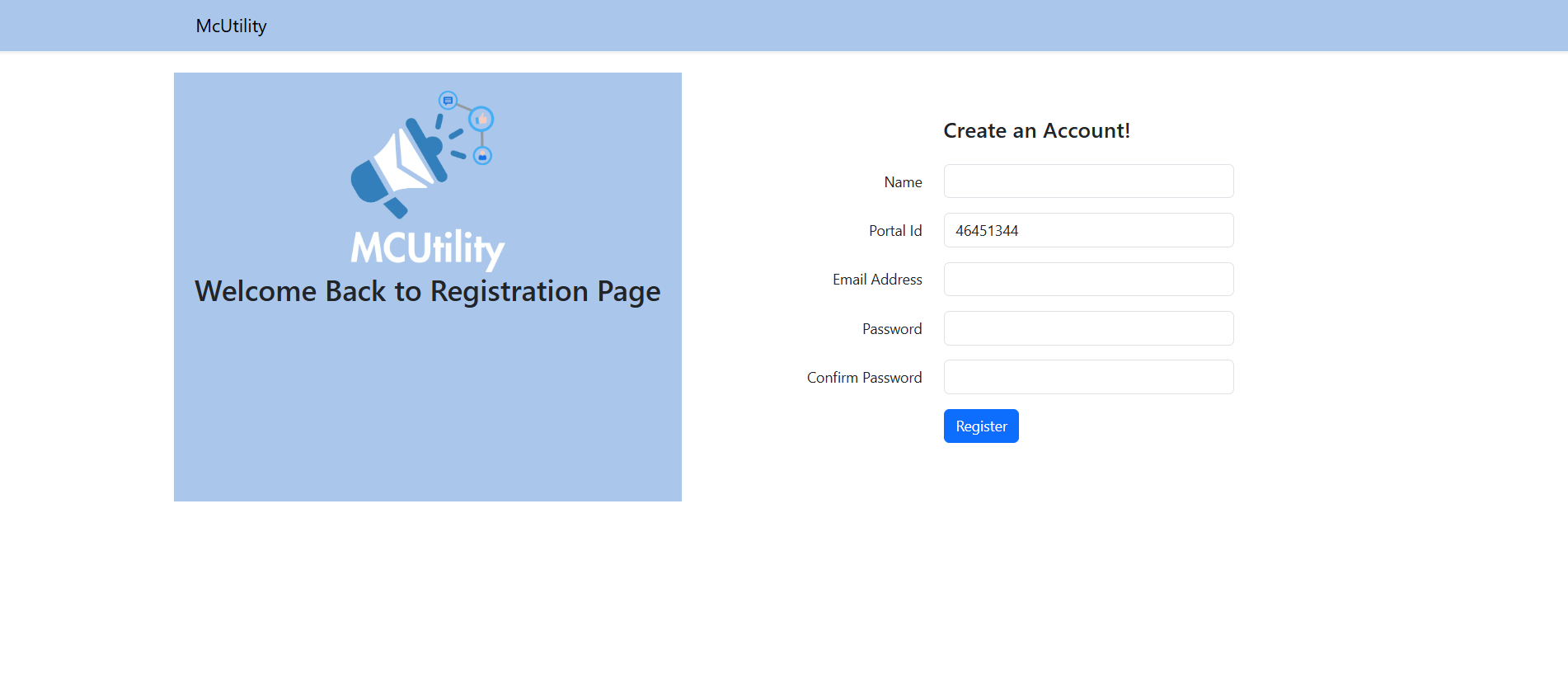 MCUtility registration screen