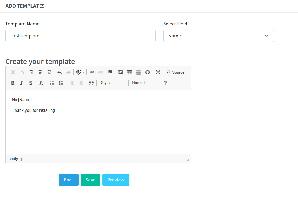 Template creation screen